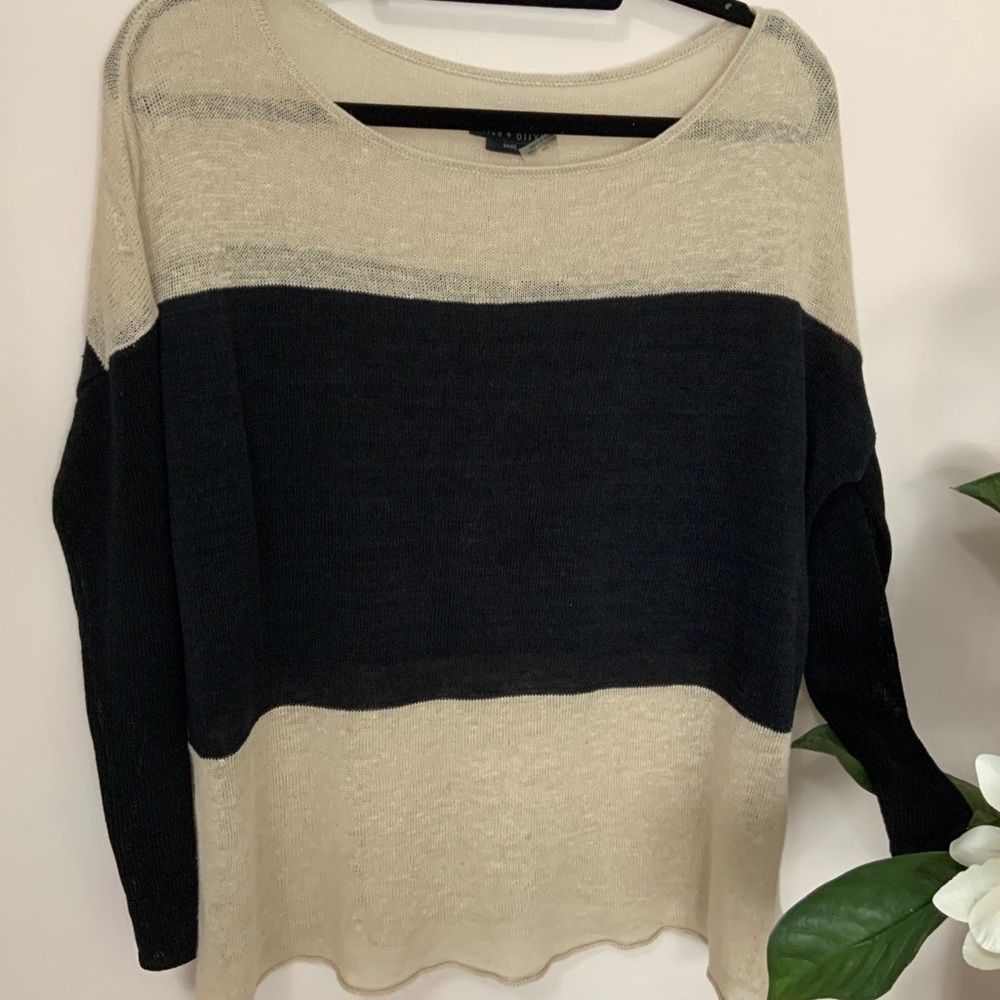 Alice Olivia Base Sweater Knit Top Black Beige 100% Linen M